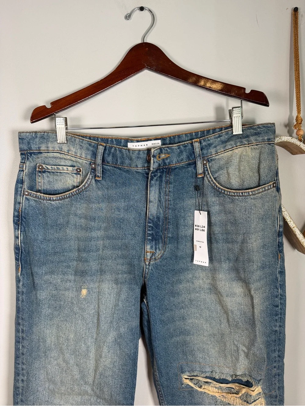 Topman Men's Distressed Relaxed Fit Jeans Blue Medium Wash 36x34 100% Cotton